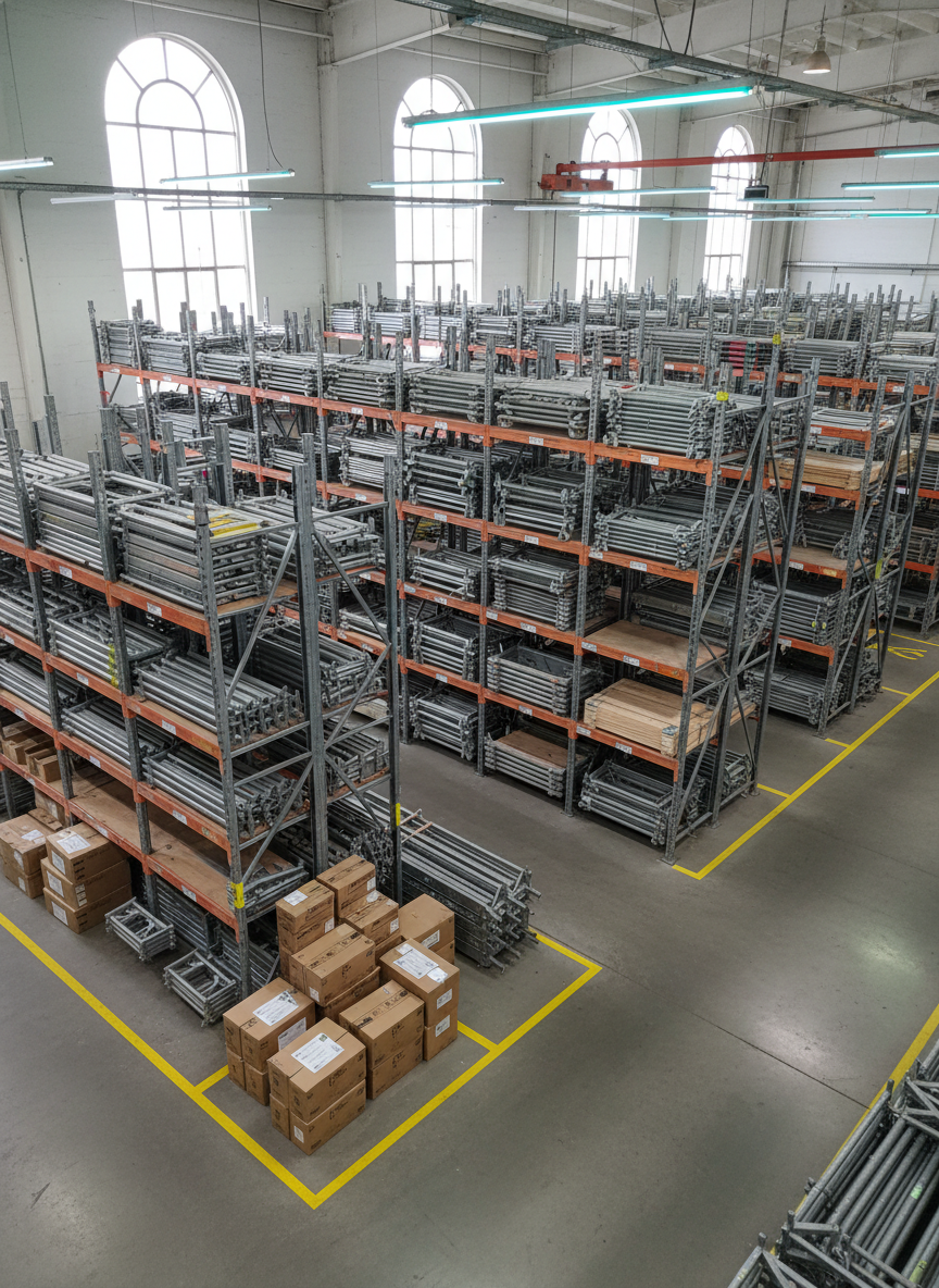 A detailed photographic scene of a professional scaffolding rental area inside a warehouse-like space. Multiple bays of galvanized steel scaffolding frames, planks, and diagonal braces are stacked in modular groups on pallet racks, each section visually indicating different sizes and configurations available. The concrete floor is spotless with yellow safety markings separating rental pickup lanes from a corner where new clamps, casters, and guardrails are neatly boxed for sale. Large high windows let in soft overcast daylight, complemented by cool industrial ceiling lights that create crisp highlights along the metallic tubes and subtle reflections on the floor. Captured from a slightly elevated wide angle, the image shows depth and order, conveying safety, reliability, and a highly organized operation without any people present.