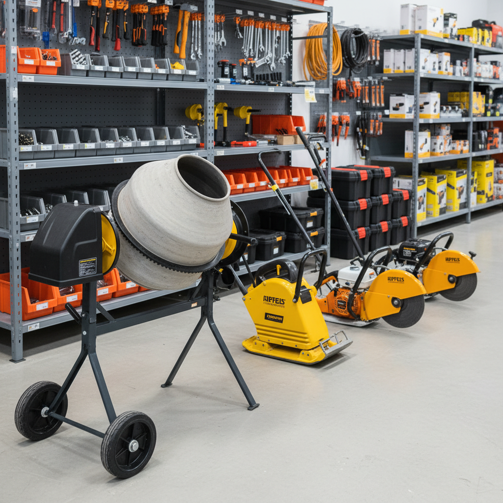 A bright, photographic close-up of a heavy-duty construction tool rental display, featuring a row of compact concrete mixers, plate compactors, and power cutters in matching corporate colors, all carefully arranged on a clean workshop floor. Visible behind them are tall shelving units holding hand tools, drill bits, extension cords, and neatly stacked storage cases, clearly separating rental equipment from new retail boxes. Soft studio-style lighting from the left highlights textures of painted steel, rubber wheels, and brushed metal handles, casting defined yet gentle shadows. The composition uses a slight diagonal angle to create depth, with the nearest machine in sharp focus and the background subtly blurred. The atmosphere feels reliable, robust, and ready for work, emphasizing the variety of tools available to rent and buy.