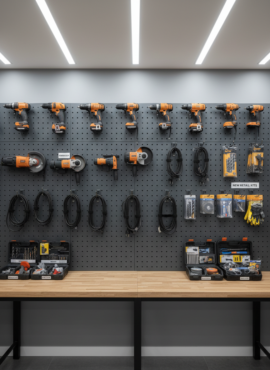 A realistic photographic close-up of a well-organized hand tool rental and sales wall in a professional workshop. Sturdy perforated metal panels hold neatly arranged drills, angle grinders, demolition hammers, and impact drivers, their power cords coiled with precision. Below, a workbench displays open plastic cases with accessories, drill bits, cutting discs, and safety attachments, clearly separated into rental sets and brand-new retail kits. Neutral gray walls and light oak work surfaces create a clean, modern backdrop. Overhead LED strip lights cast even, shadow-free illumination, bringing out the textures of molded plastic housings and brushed metal chucks. Shot straight on with sharp focus across the frame, the mood is orderly, technical, and reassuring, ideal for explaining the range of small tools available from the rental shop.