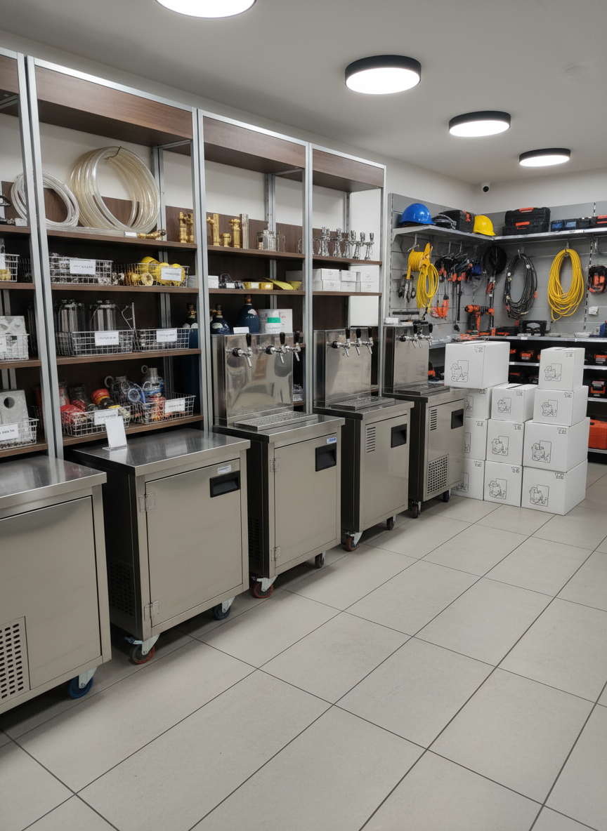 A photographic interior scene of a compact but highly organized rental shop corner dedicated to výčepní pulty, professional beverage dispensing units. Several stainless-steel draft counters and mobile taps are lined up on a spotless tiled floor, their polished metal surfaces reflecting soft, warm overhead lighting. Nearby shelving holds neatly coiled beverage hoses, CO2 cylinders, connectors, and spare taps, visually divided into rental-ready sets and sealed boxes for sale. The background hints at adjacent construction tools and equipment racks, connecting beverage dispensers to the broader rental business context. Captured at eye level with a mild wide-angle lens, the image keeps everything in sharp focus, creating a clean, modern, and trustworthy atmosphere that highlights the specialty rental offering without any human presence or visible text.