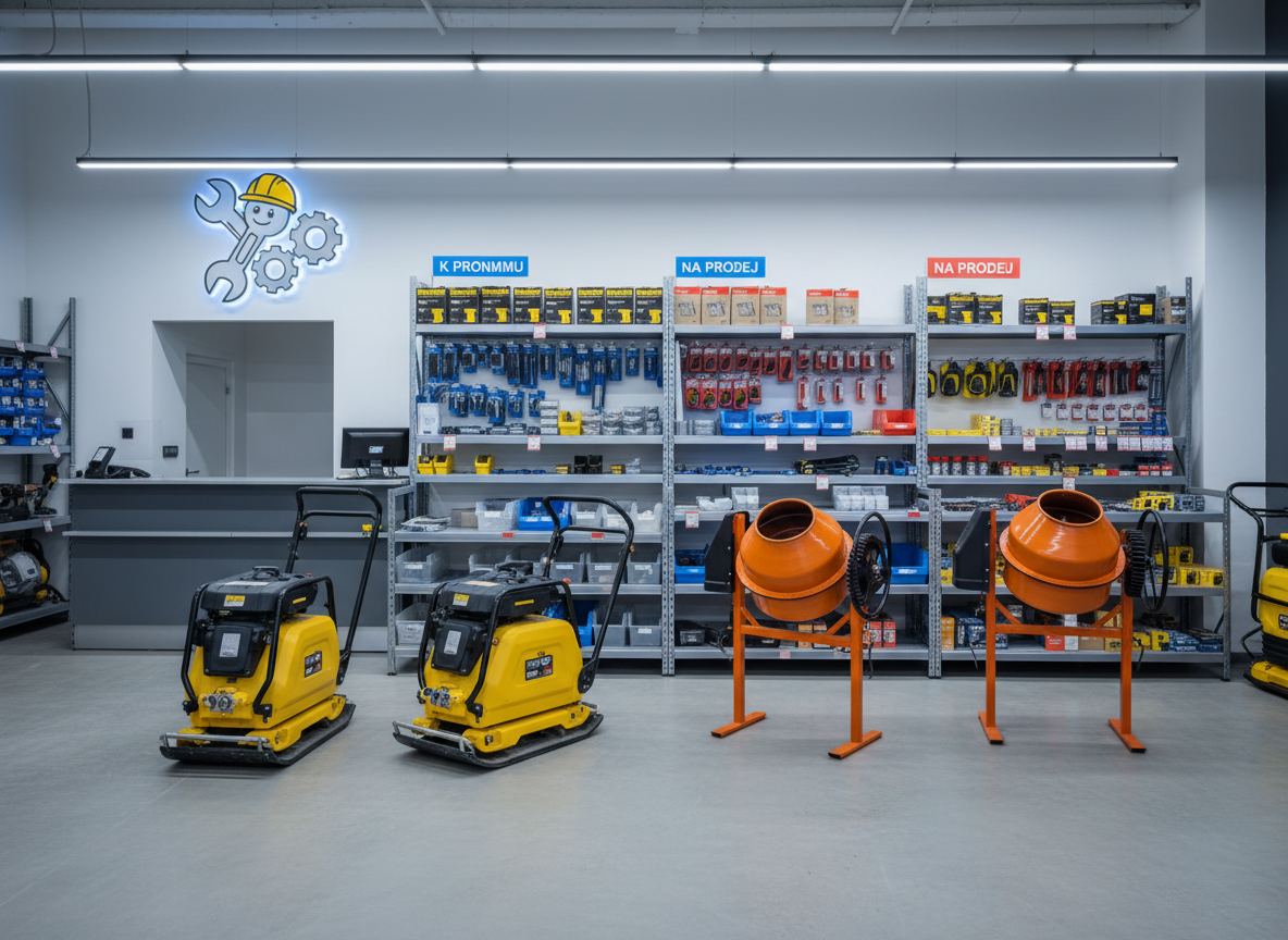 A wide photographic view of a modern tool rental shop interior labeled “Půjčovna nářadí u Jonyho” only through visual cues, not text. In the foreground, sturdy yellow and black construction tools and compact building machines are neatly lined on a smooth concrete floor, including plate compactors and small mixers with clean, slightly worn surfaces. Behind them, metal shelving displays hand tools, accessories, and labeled plastic bins, clearly divided between items tagged for rental and boxed products for sale. Cool, diffused overhead LED lighting creates crisp reflections on metal surfaces and gentle shadows under equipment. The mood is professional, organized, and trustworthy. Shot at eye level with sharp focus throughout, in clean, realistic photographic style suitable for a business homepage hero image.