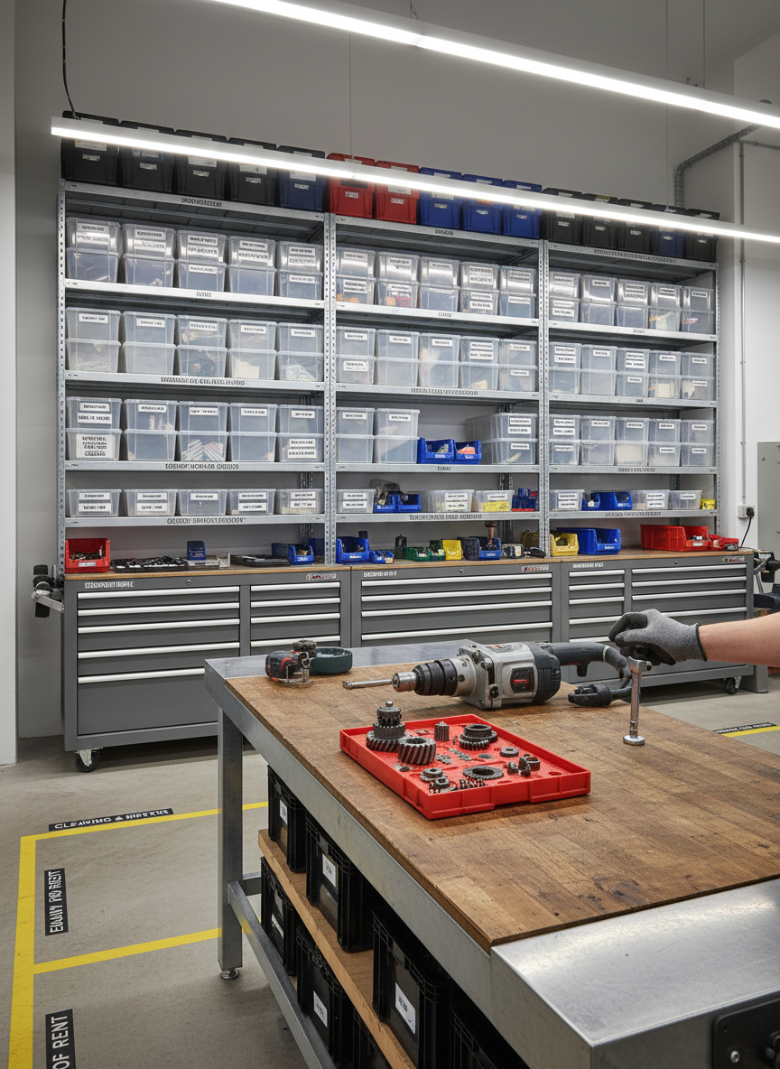 A clean, photographic scene of a dedicated equipment preparation and storage area in a tool rental workshop. In the center, a heavy-duty workbench holds a partially disassembled power tool, with neatly arranged parts and accessories on a magnetic tray, emphasizing maintenance and quality control. Behind it, robust shelving stores labeled plastic crates containing accessories for different machine types: drill bit sets, cutting discs, chisels, hoses, and safety components for compact construction machines. The concrete floor is spotless, with painted lines separating intake, cleaning, and ready-for-rent zones. Bright, neutral overhead lighting ensures every surface is clearly visible, highlighting metal textures and durable plastic casings. Shot from a slightly elevated angle with clear depth, the mood is professional, meticulous, and focused on reliability and service.